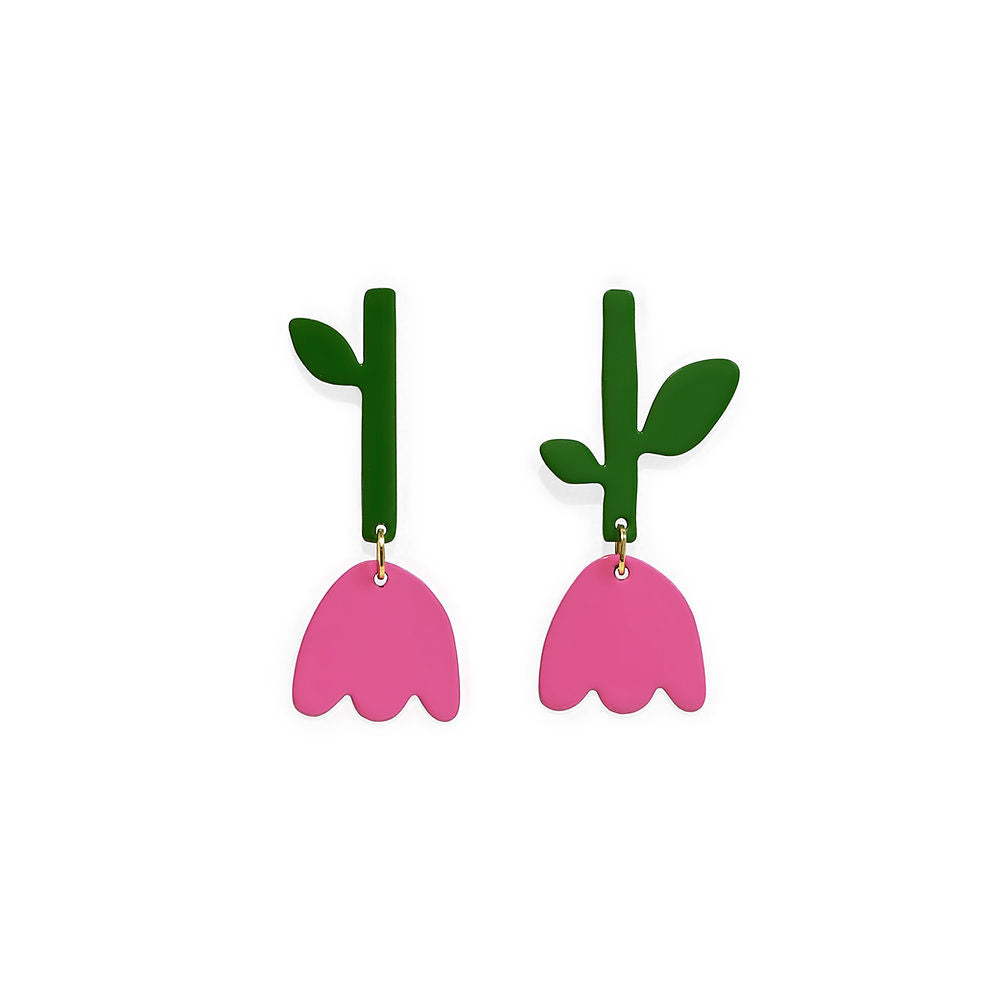 Pair of small pink tulip-shaped earrings with green stems and leaves, displayed on a white background.