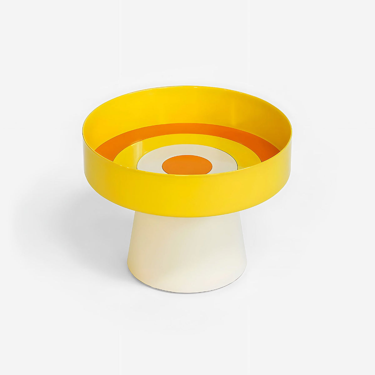 ISUWA Loop Serving Bowl – handmade sculptural serving stand in powder-coated metal, featuring yellow and orange concentric circle design on a white background.
