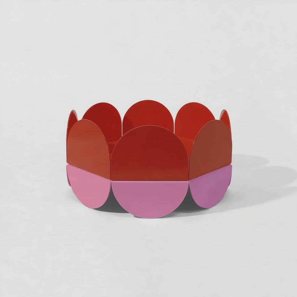 A glossy Red Wave Bowl spins in a smooth 360-degree motion, revealing its sculptural petal-like panels in bold red and pink tones. Vibrant, modern, and full of energy.