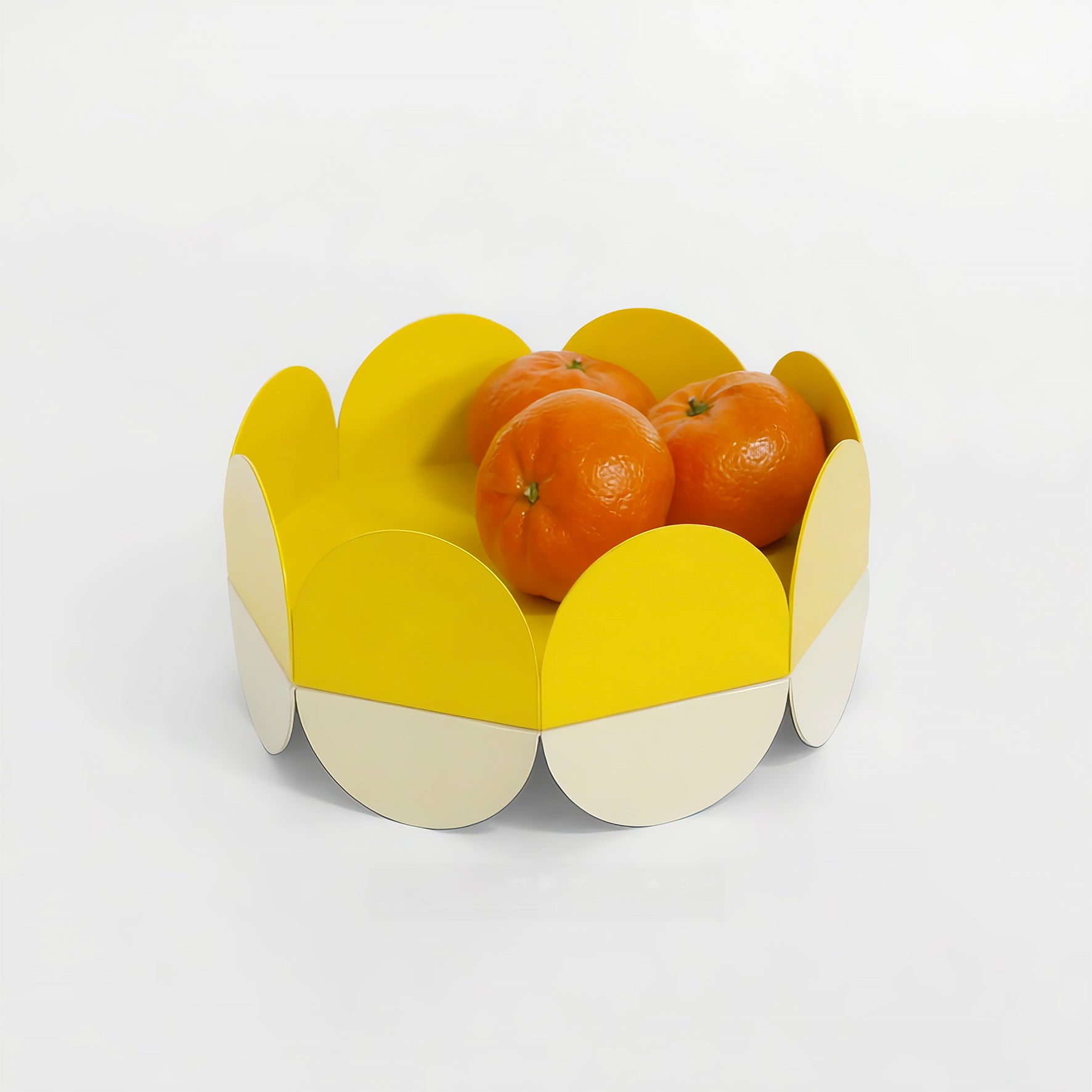 Video showing Yellow-cream wave bowl with three mandarins 